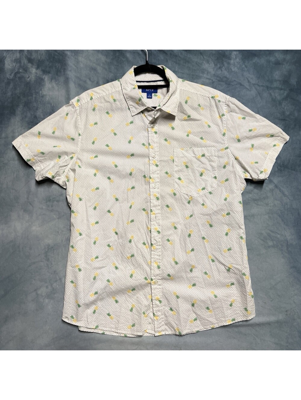 Apt 9 Men's HEIQ Polka Dot S/S Button Front Shirt White Pineapple Sz L Cotton